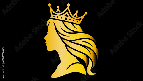 Golden silhouette profile of a queen wearing a crown with flowing hair, flat design vector illustration