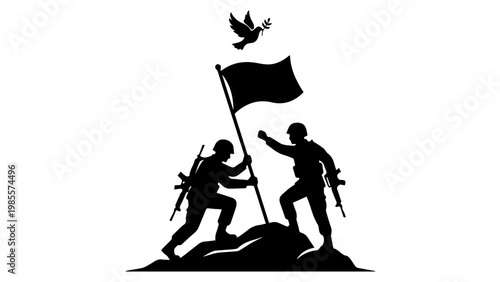 Soldiers raising flag on hilltop with dove of peace flying above, vector illustration