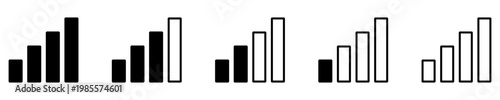 Set of linear mobile network signal icons with different levels of filled bars. Minimalist symbols of connection strength, antenna, and data transfer. Vector illustration.