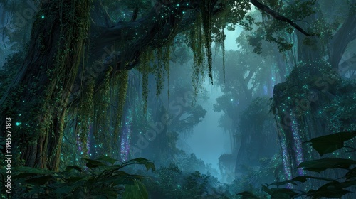 Dreamy fantasy jungle scene with bioluminescent plants and mist in a painterly digital illustration