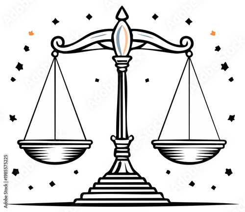Stylized balance scales icon, symbolizing justice and fairness, with a retro engraved design and star accents.