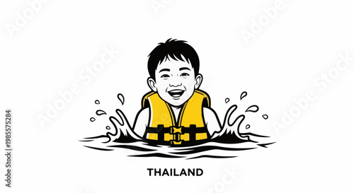 Young boy wearing life vest happily swims in water, with text