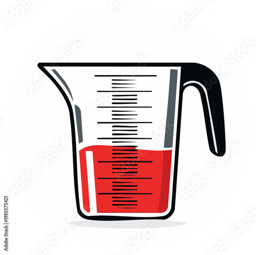 Transparent kitchen measuring cup filled with red liquid and volume markings