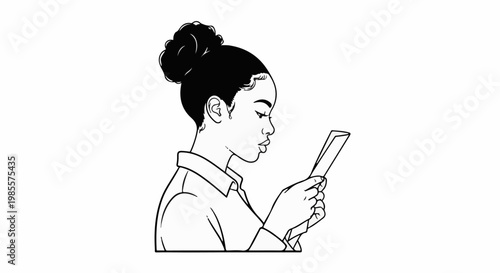 Woman with hair in a bun reading a document