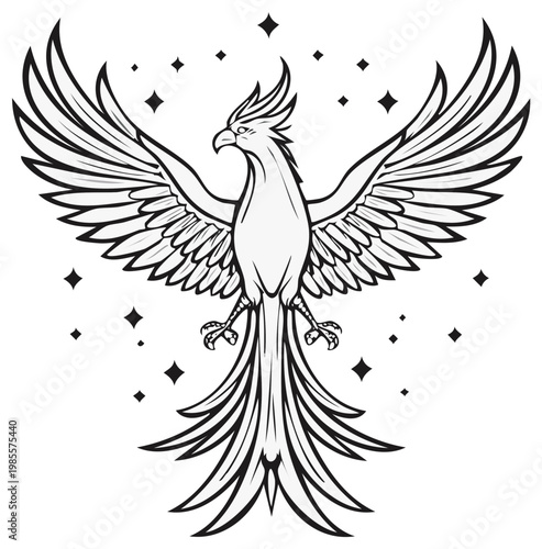 Elegant mythical phoenix illustration with outstretched wings and shining stars