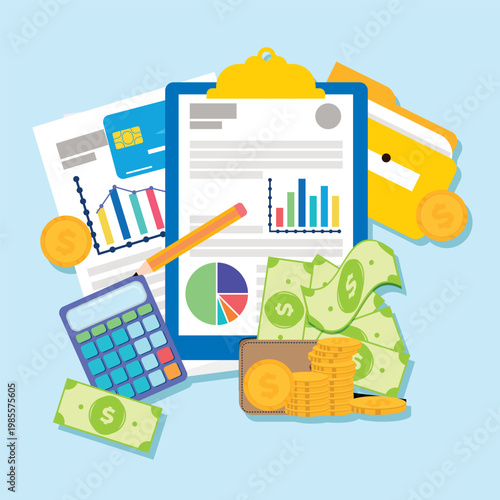 Money management illustration, finance report illustration,  auditing company illustration, business analysis design 