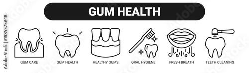 Gum Health web banner icon vector illustration concept with icons of gum care, gum health, healthy gums, oral hygiene, fresh breath, and teeth cleaning. 