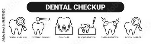 Dental Checkup web banner icon vector illustration concept with icons of dental checkup, teeth cleaning, gum care, plaque removal, tartar removal, and dental mirror. 