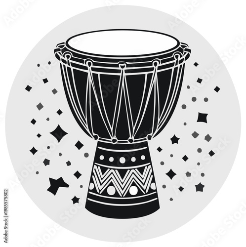 Decorative djembe drum illustration with festive celebratory confetti sparkles, tribal art decor, isolated circular illustration