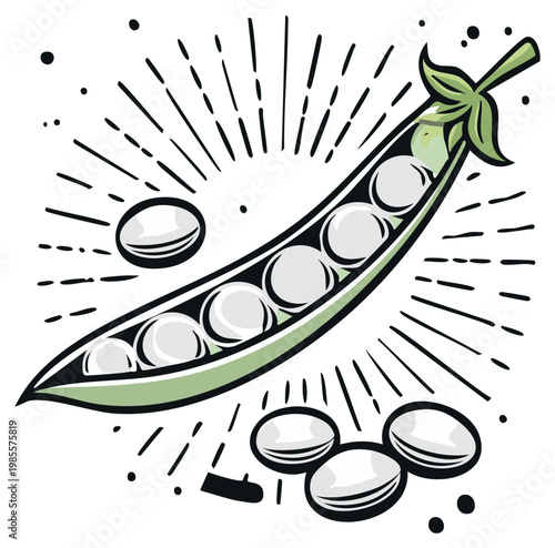 Open pea pod illustration with multiple fresh peas and retro burst
