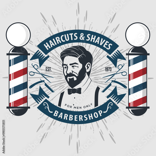 Barbershop logo, poster or banner design concept with barber pole and bearded men. Vector illustration