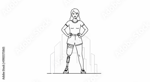 Woman with prosthetic leg stands confidently against city backdrop