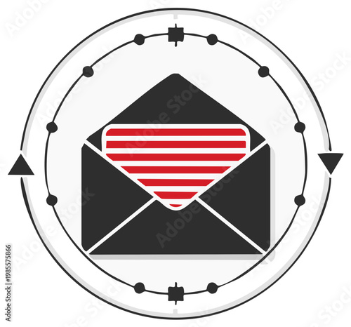 Email communication concept. Envelope graphic with red and white striped content inside.