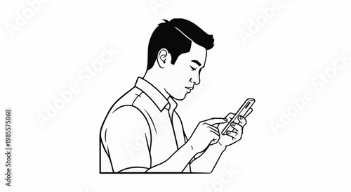 Young man in profile, focused on his smartphone, dressed in a collared shirt