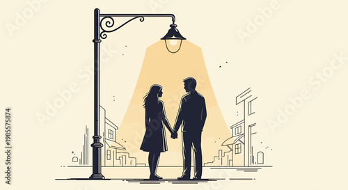 Couple Holding Hands Under a Streetlight.
