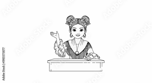 Woman with ornate hair and clothing gesturing from behind a desk