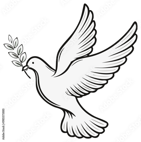 Dove of peace holding olive branch in its beak, symbol of hope.