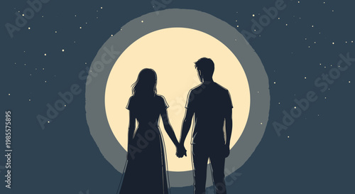Couple Holding Hands Under The Moonlight.