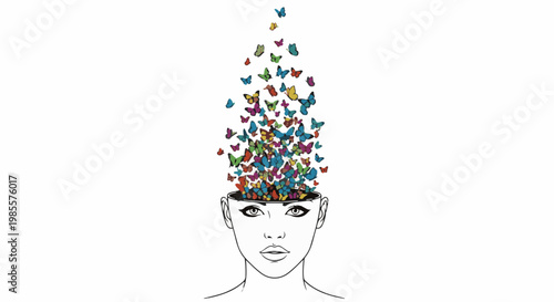 Woman's head opens to a cascade of colorful butterflies