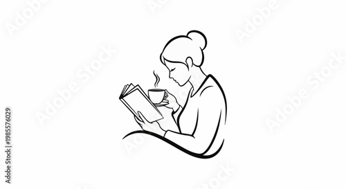 Woman's profile reading book and sipping coffee