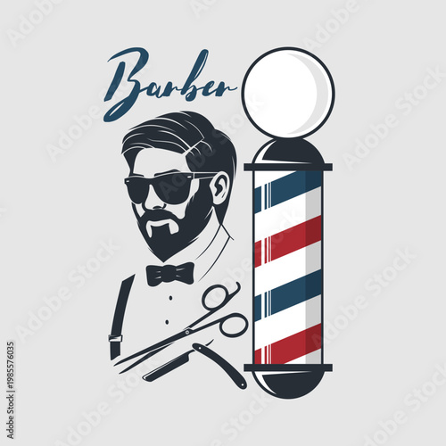 Barbershop logo, poster or banner design concept with barber pole and bearded men. Vector illustration