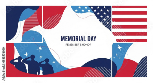 Memorial Day abstract background design with patriotic American flag elements and saluting soldiers concept for remembrance and honor