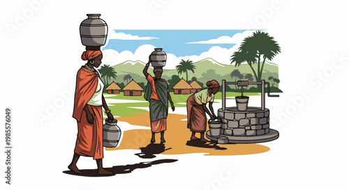 Women carry water pots from a village well under a blue sky