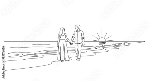 Couple holding hands walking on beach at sunset.
