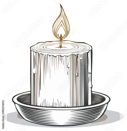 Engraved burning pillar candle illustration with melting wax and flickering flame in a holder