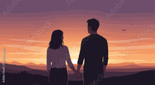 Couple holding hands watching sunset together.