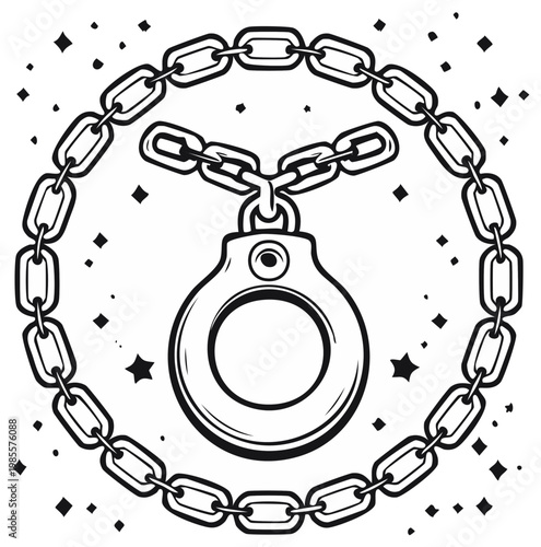 Illustration of Handcuffs Enclosed in Chain Circle with Sparkling Elements Graphic