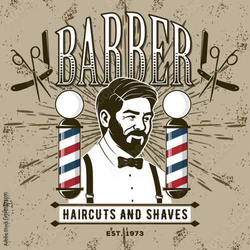 Barbershop logo, poster or banner design concept with barber pole and bearded men. Vector illustration