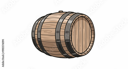 Wooden barrel with metal bands, isolated on white background