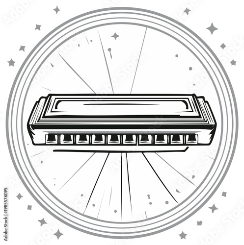 Harmonica in Circle Emblem with Rays, Music Instrument Graphic, Vintage Styled Mouth Harp Icon