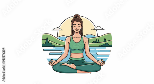 Woman meditating in lotus pose by water, green hills, sun and clouds
