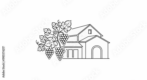 Winery building with a vine and grape clusters on a white background