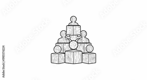 Wooden figures form a hierarchical pyramid, with circles in between