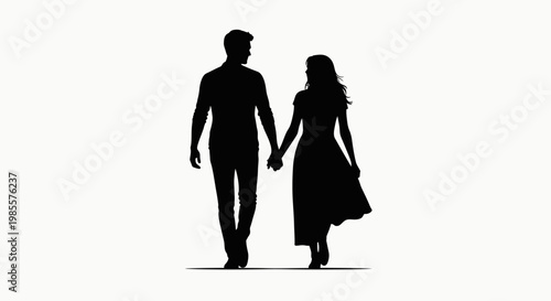 Silhouette of a couple holding hands walking together.