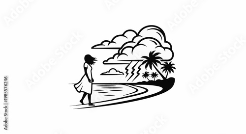 Woman on beach faces stormy tropical sky with lightning strikes