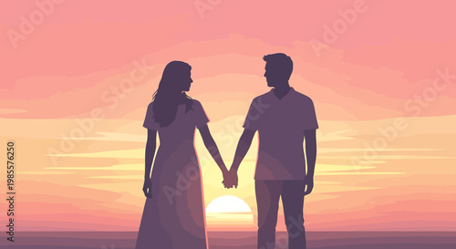 Silhouettes of a couple holding hands at sunset, symbolizing love and togetherness.