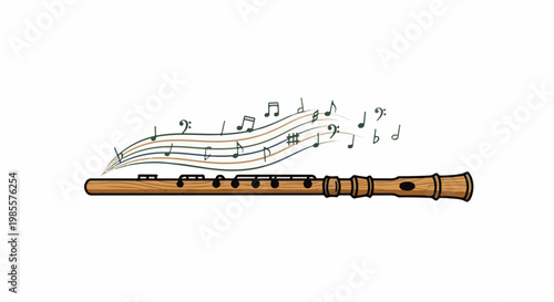 Wooden flute with musical notes emanating from it
