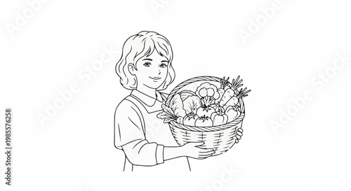 Young person holds basket brimming with fresh produce, smiling warmly