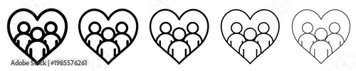 Set of linear icons of three people inside a heart with different stroke weights. Symbols of family values, community support, unity, and love. Vector illustration.