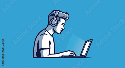 Young person wearing headphones, focused on a laptop screen with glowing light