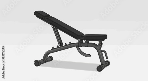 Adjustable weight bench illustration; fitness equipment for workout; flat incline decline exercise bench; gray metal frame; home gym