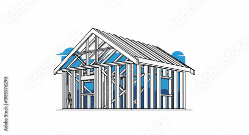 Wireframe house structure with blue sky details