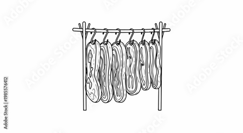 Wooden rack holds six long, organic items with textured surfaces