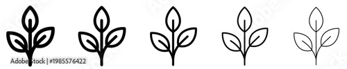 Set of linear sprout icons with leaves with different stroke weights. Minimalist symbols of growth, nature, ecology, and the beginning of new life. Vector illustration.