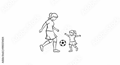 Woman and child in matching uniforms playing soccer together