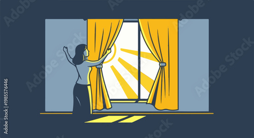 Woman opening curtains to reveal bright sun and light rays